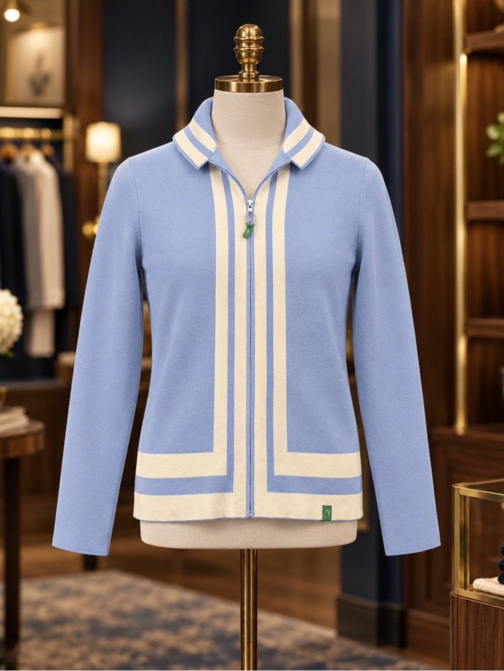 CK Bradley Neve Light Blue Zip-Front Women's Sweater with Ivory Trim wool blend